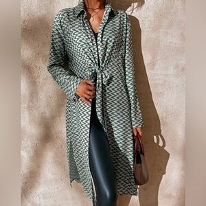 Zara Printed Long Sleeve Sea Green Tunic Swim Cover-Up Blouse Top Size XS